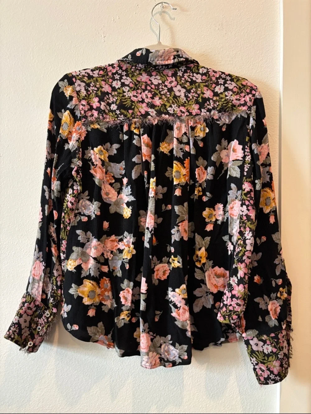 Free People Floral Button-Front Women's Blouse Black Pink & Yellow Flowers Small